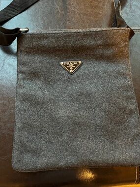 Prada Dark Gray Wool Messenger Bag with Black Strap